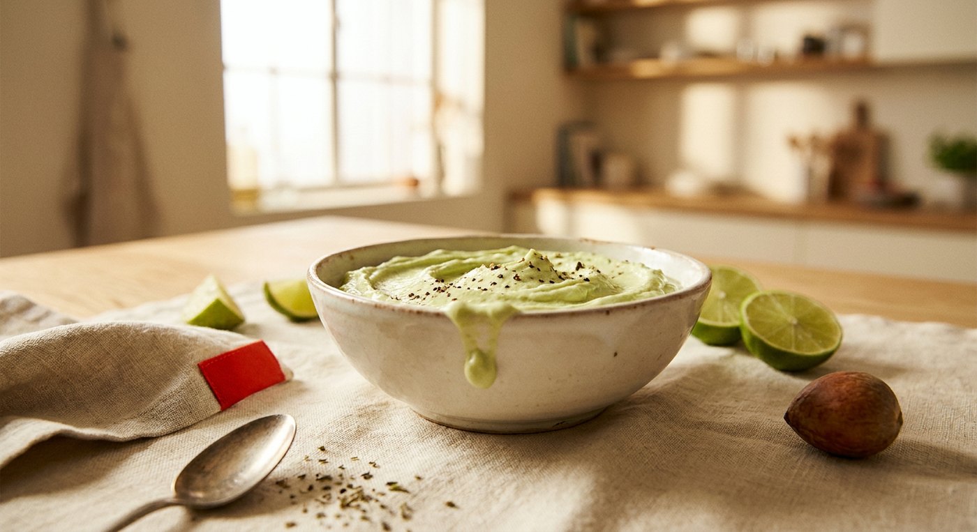 Cremiger Avocado-Dip mit Quark, Limette und Kräutern in einer hellen Keramikschale