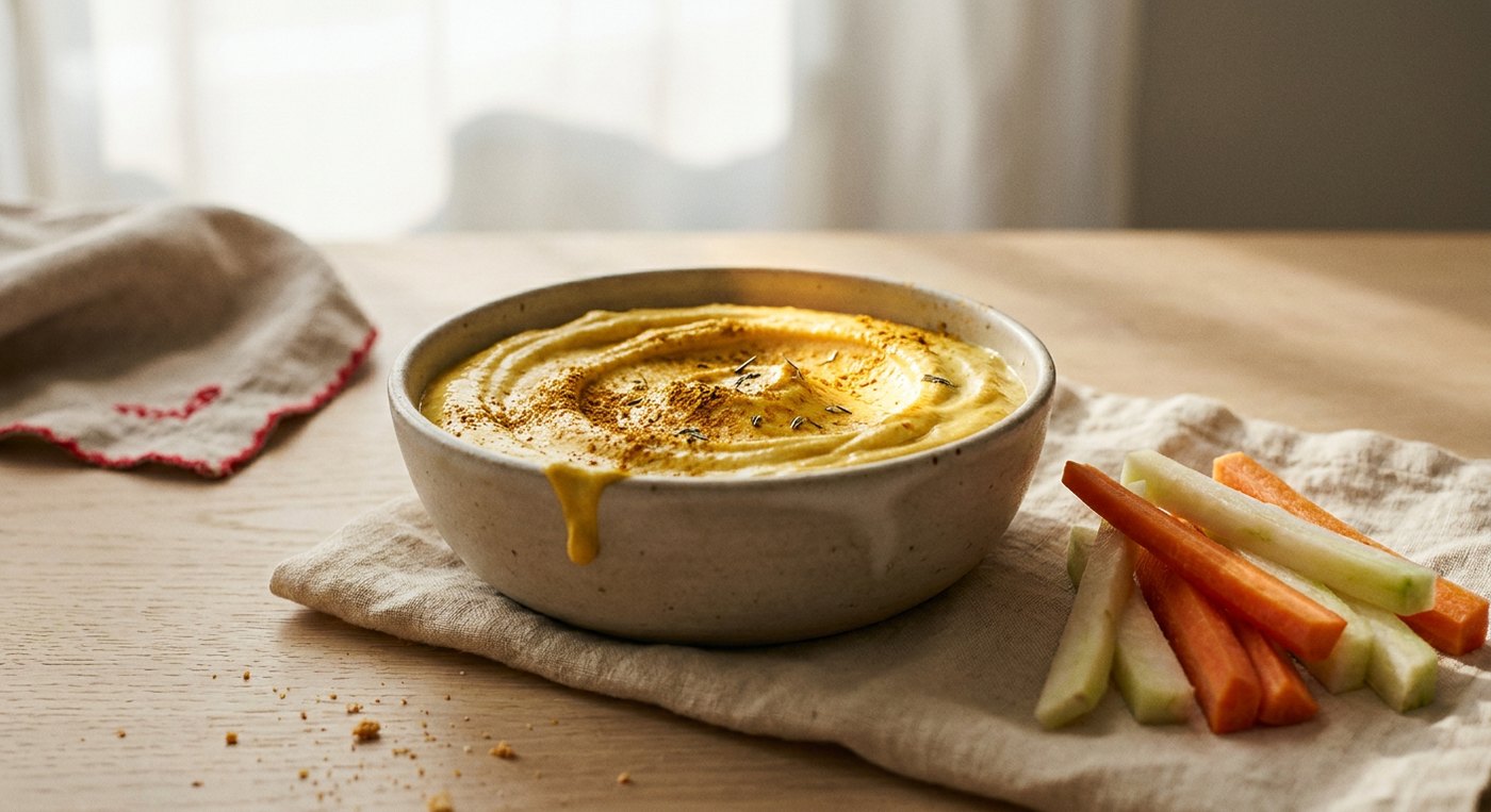 Curry-Frischkäse-Dip in einer Schale mit Curry und Gemüsesticks