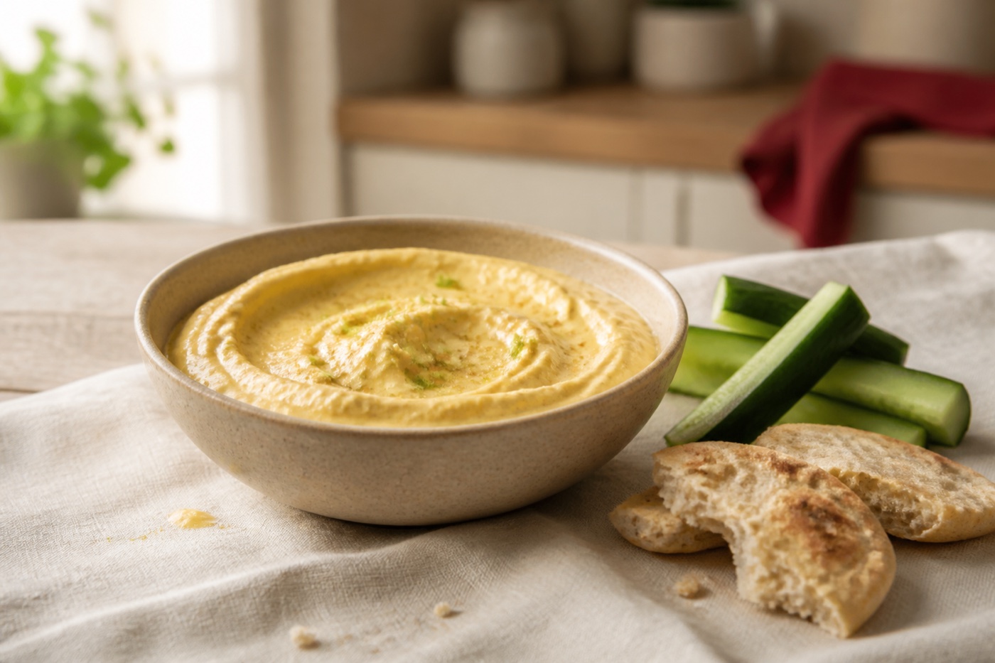 Cremiger Frischkäse-Dip mit Curry in sandfarbener Keramikschale mit Gurkensticks und Fladenbrot