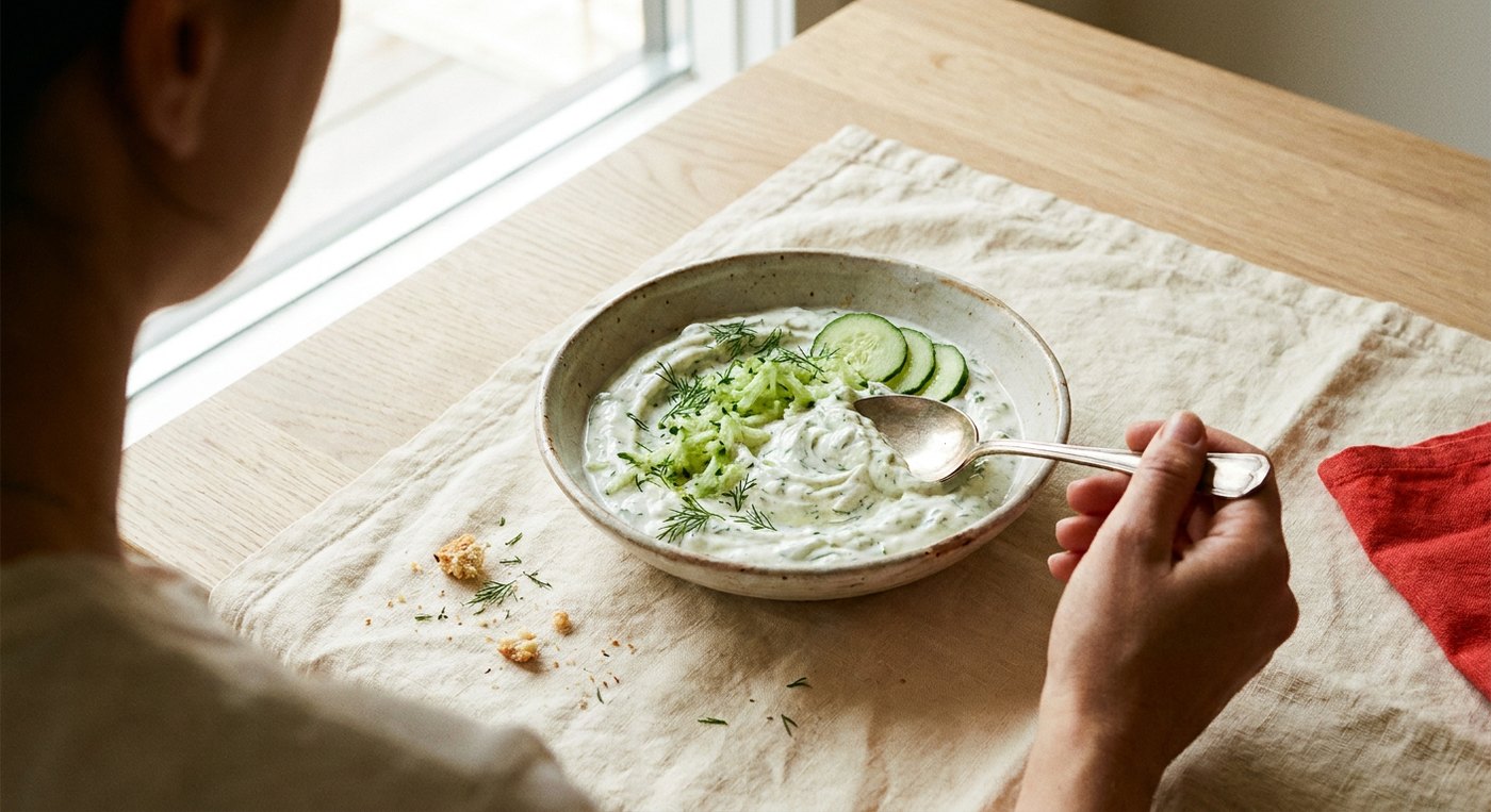 Gurken-Dill-Dip in einer Schale mit Dill und Gurkenscheiben