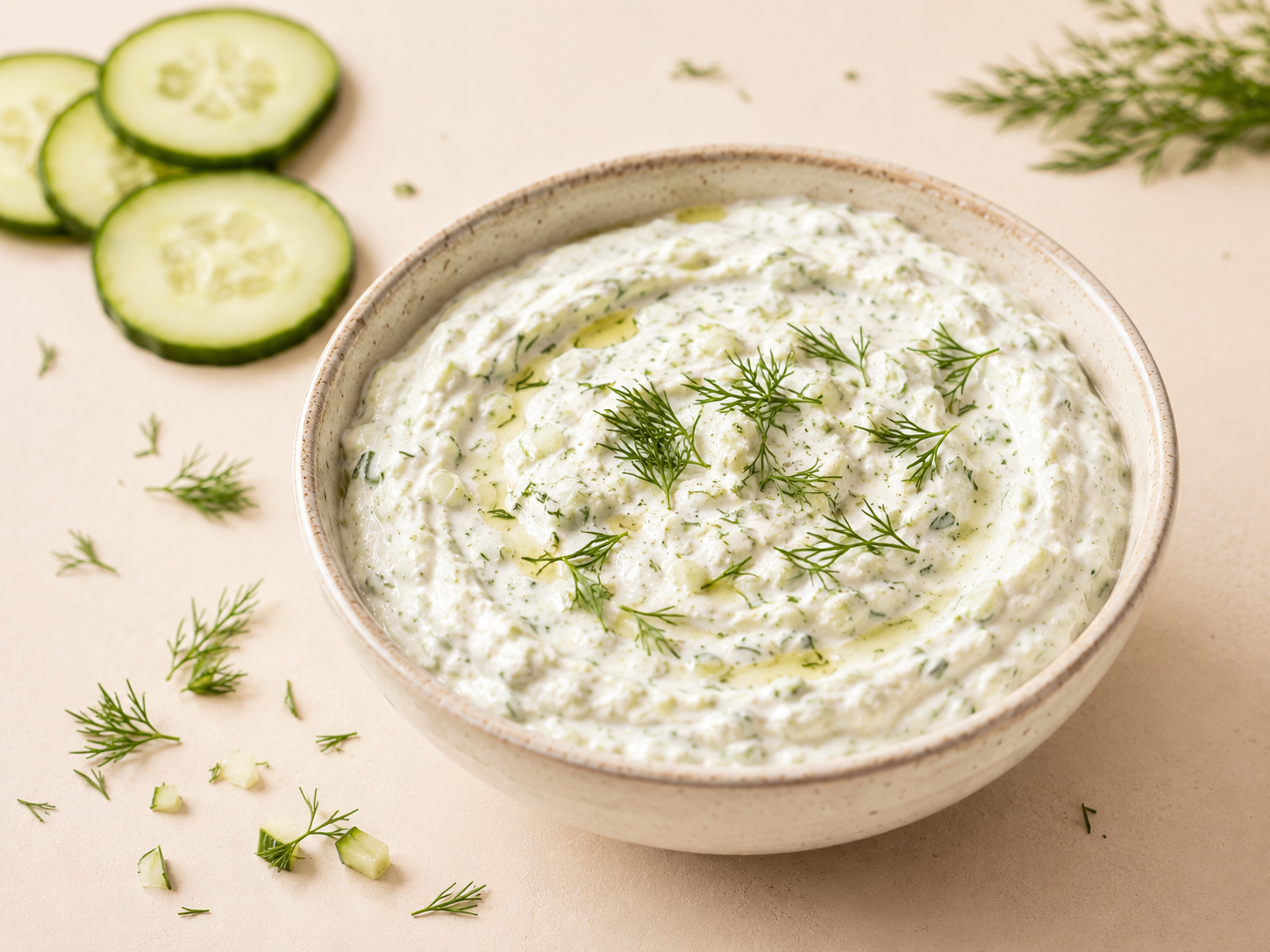 Gurken-Dill-Dip in einer Schale mit Dill und Gurkenscheiben