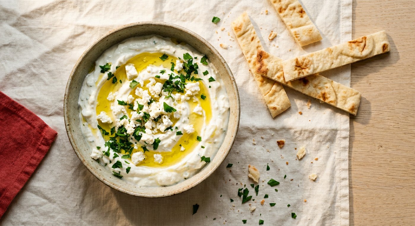 Joghurt-Feta-Dip in einer Schale mit Feta, Kräutern und Olivenöl