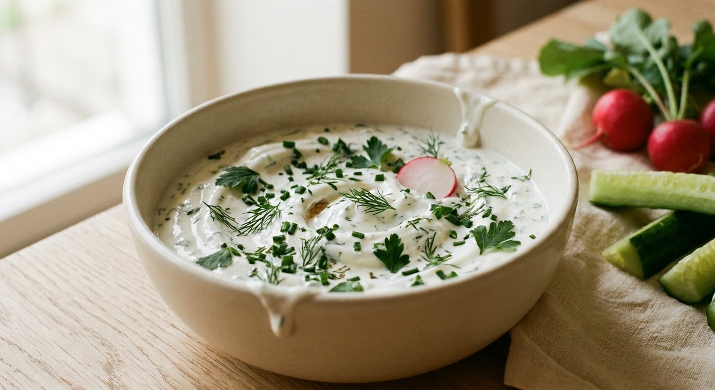 Kräuterquark mit frischen Kräutern, Radieschen und Gurke