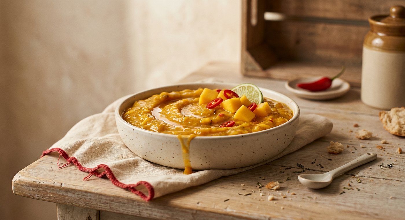 Goldener Mango-Chili-Dip in Glasschale auf sonnigem Balkontisch