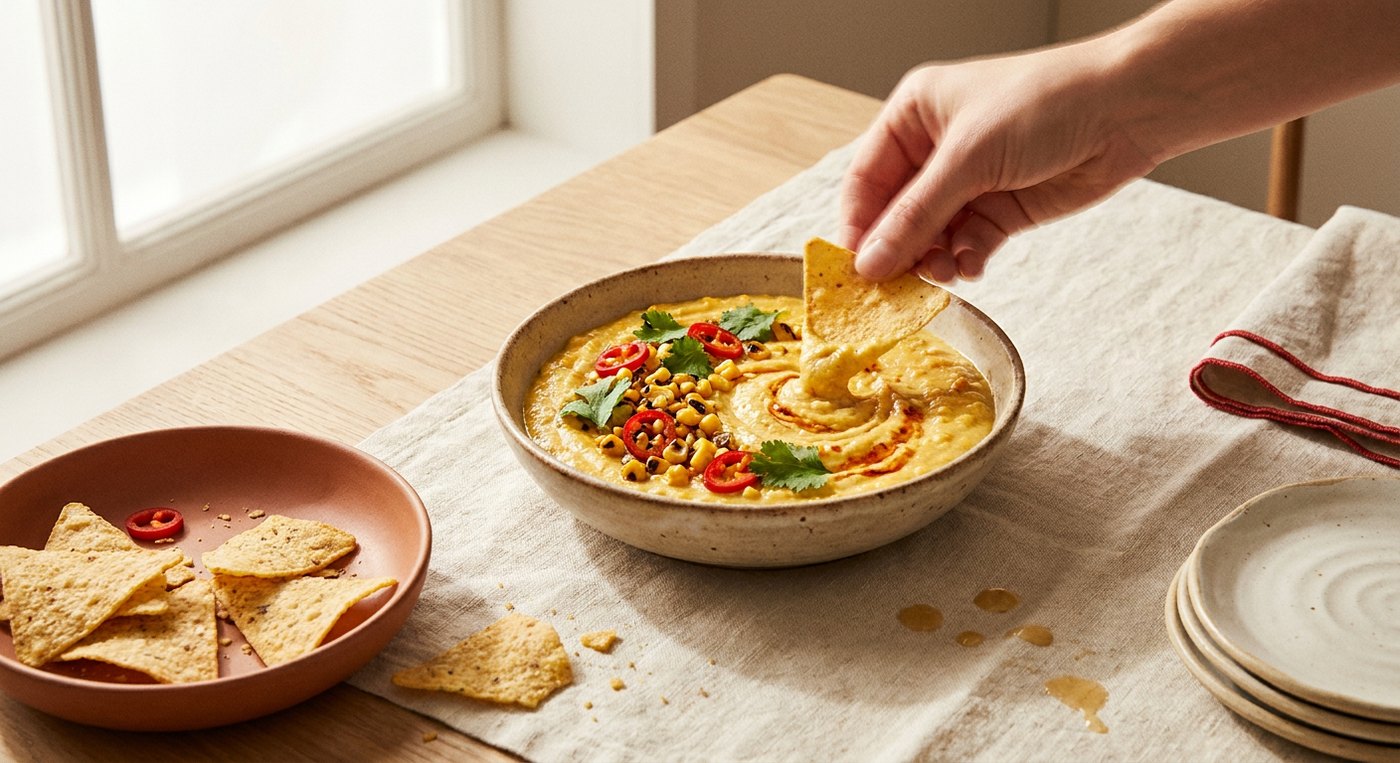 Spicy Mais-Dip in einer Schale mit Maiskörnern und Chili